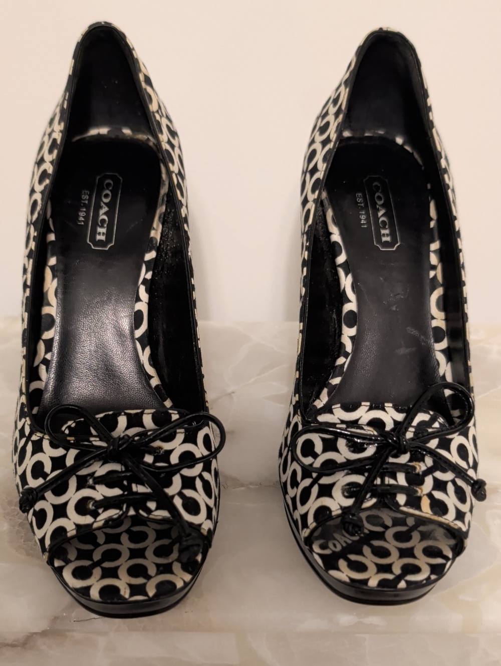 Coach Black & White Signature Peep-Toe Heels with Bow